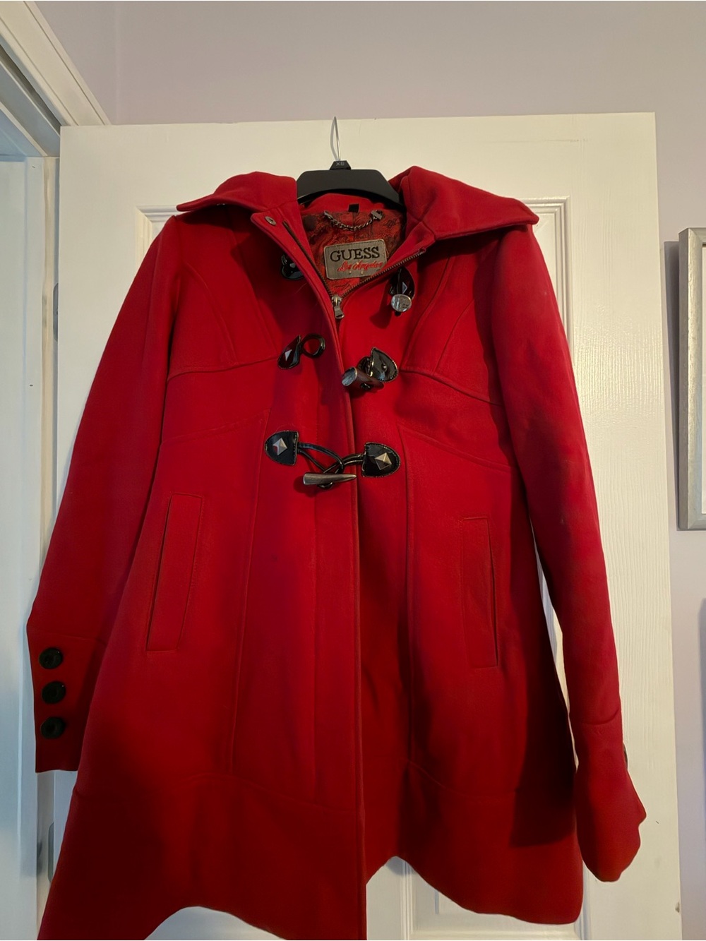 GUESS Red Toggle Pea Coat with Hood